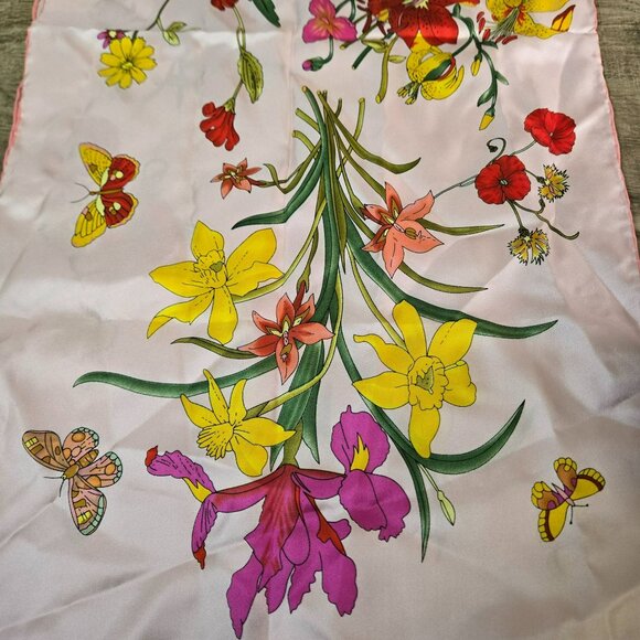 Floral Butterfly Print 100% Silk Pink Scarf Wrap Shawl Lightweight & Elegant - Picture 3 of 11